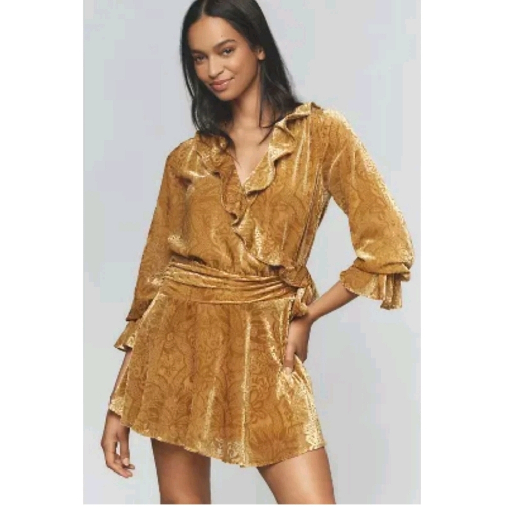 Anthropologie Mustard Gold Velvet Ruffle Mini Dress